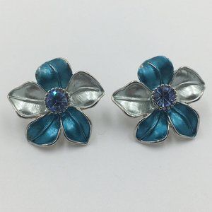 Blue & Silver Enamel FLOWER EARRINGS, Lavender Purple CENTER RHINESTONE
